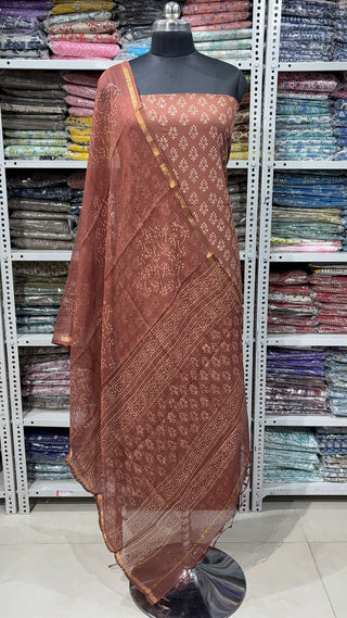 Cotton Block Print Office Wear Suit fabric with Kota Doria Dupatta