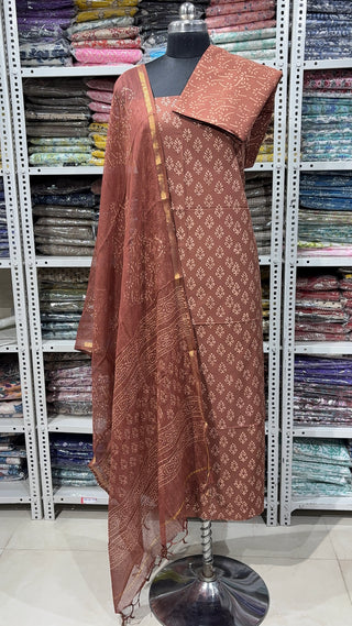 Cotton Block Print Office Wear Suit fabric with Kota Doria Dupatta
