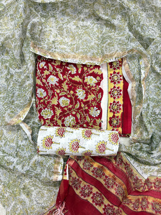 Cotton Handblock Office Wear Suit fabric with Kota doria Dupatta