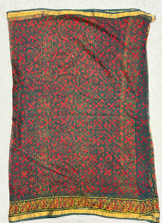 Ajrakh Handblock Print Kota Doria Cotton Saree with zari border and unstitched Blouse Piece(Lining Included)