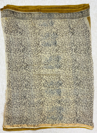 Mustard Hand Block Print Kota Doria Cotton Saree with Unstitched Blouse Piece(Lining Included)