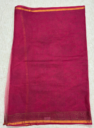 Hot Pink (Rani Color) Handblock Print Kota Doria Cotton Saree with Unstitched Blouse Piece(Lining Included)