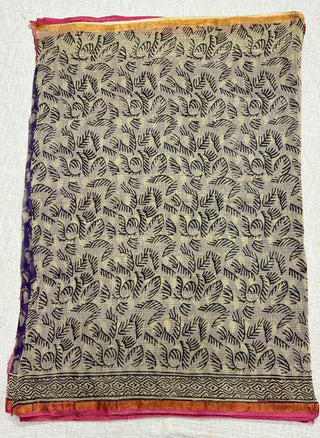 Mauve Handblock Print Kota Doria Cotton Saree with Zari border and Unstitched Blouse Piece(Lining Included)