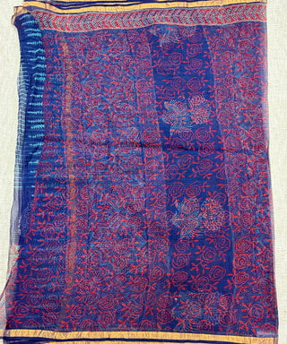 Blue Ajrakh HandBlock Print Kota Doria Cotton Saree with Zari border and Unstitched Blouse Piece(Lining Included)