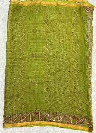 Olive Green Kota Doria Cotton Saree with Unstitched Blouse Piece(Lining Included)