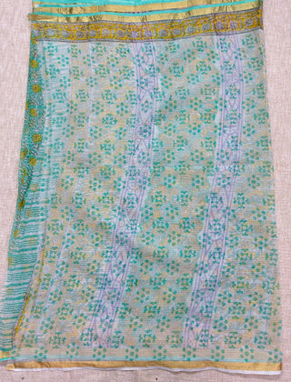 Light Green Hand Block Print Kota Doria Cotton Saree with Unstitched Blouse Piece(Lining Included)