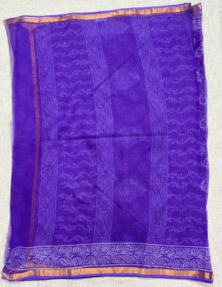 Handblock Print Kota Doria Saree with Zari border and Unstitched Blouse Piece(Lining Included)