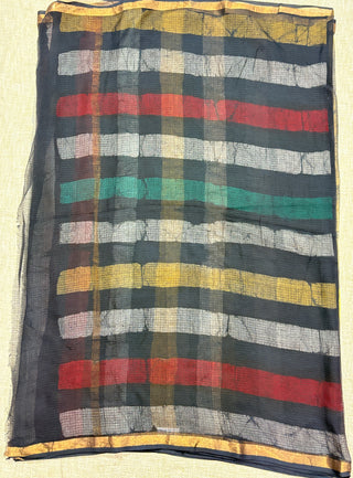 Black Stripe Hand Block Print Kota Doria Cotton Saree with Zari border and Unstitched Blouse Piece(Lining Included)