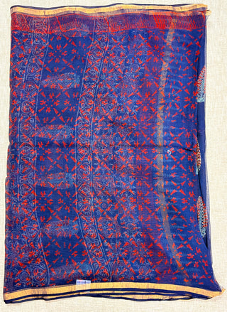 Ajrakh Handblock Print Kota Doria Cotton Saree with Zari border and Unstitched Blouse Piece(Lining Included)