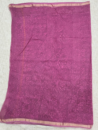 Mauve Handblock Print Kota Doria Cotton Saree with Zari border and Unstitched Blouse Piece(Lining Included)