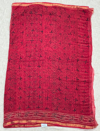 Ajrakh Handblock Print Kota Doria Cotton Saree with zari border and unstitched Blouse Piece(Lining Included)