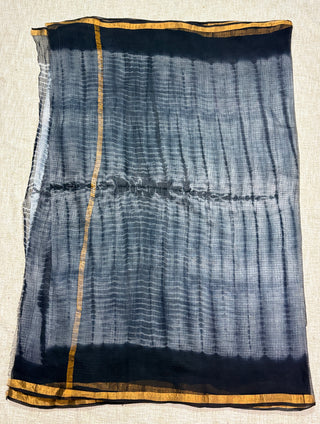 Shibori Tie & Dye Print Grey Kota Doria Cotton Saree with Unstitched Blouse Piece(Lining Included)