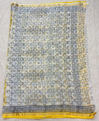 Yellow Handblock Print Kota Doria Cotton Saree with Unstitched Blouse Piece(Lining Included)