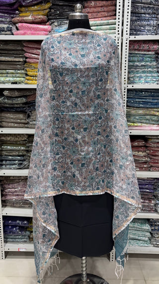 Kota Doria Dupatta with  Sanganeri print