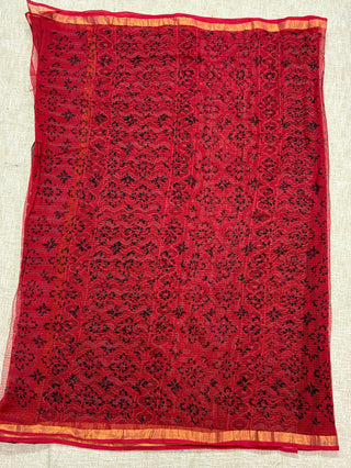 Ajrakh Handblock Print Kota Doria Cotton Saree with Zari Border and Unstitched Blouse Piece(Lining Included)