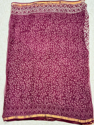 Burgundy Hand block printed Kota Doria Cotton Saree with Unstitched Blouse Piece(Lining Included)