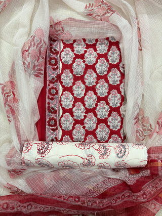Red Cotton Handblock Office Wear Suit fabric with Kota Doria Dupatta