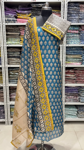 Handblock Chanderi Suit Material with Chanderi Dupatta(Lining Included)