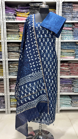 Handblock Chanderi Suit Material with Chanderi Dupatta(Lining Included)