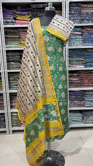 Handblock Chanderi Suit Material with Chanderi Dupatta(Lining Included)