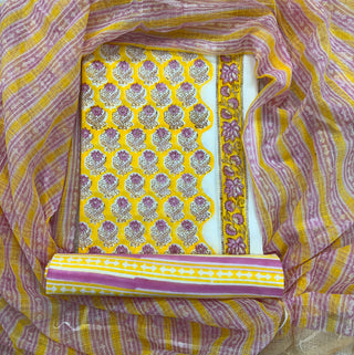 Cotton Handblock Office Wear Suit fabric with Kota Doria Dupatta