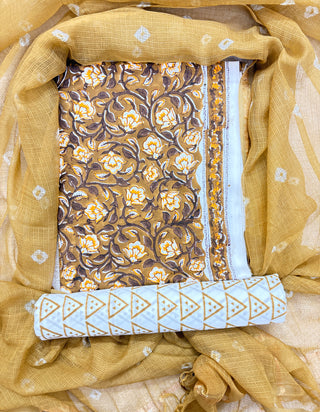Cotton Handblock Office Wear Suit fabric with Kota Doria Dupatta