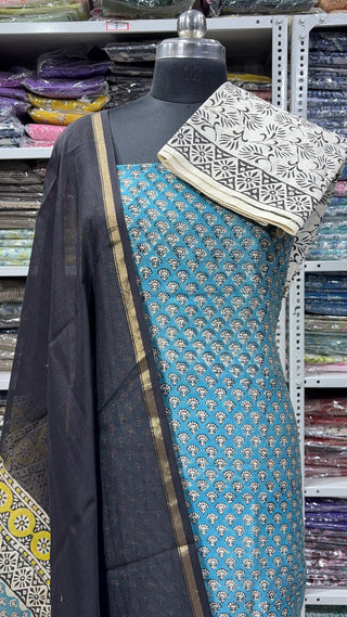 Handblock Chanderi Suit Material with Chanderi Dupatta(Lining Included)