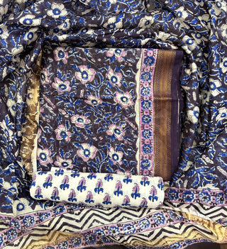 Handblock Maheshwari Suit Material with Maheshwari Dupatta(Lining Included)