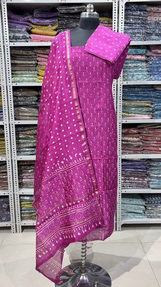 Handblock Chanderi Suit Material with Chanderi Dupatta(Lining Included)