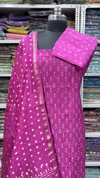 Handblock Chanderi Suit Material with Chanderi Dupatta(Lining Included)
