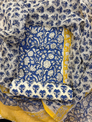 Blue and yellwo Cotton Handblock Office Wear Suit fabric with Kota Doria Dupatta