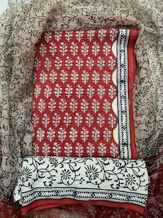 Yellow Cotton Handblock Office Wear Suit fabric with Kota Doria Dupatta