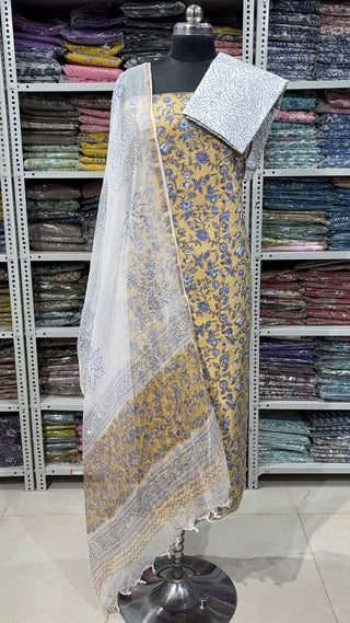 Cotton Handblock Office Wear Suit fabric with Kota doria Dupatta