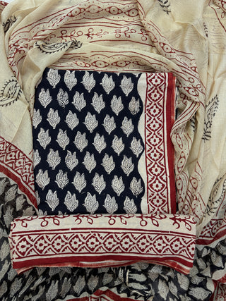 Premium Cotton Handblock Suit fabric with Chiffon Dupatta