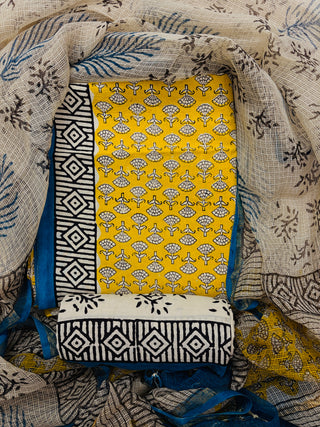Yellow Cotton Handblock Office Wear Suit fabric with Kota Doria Dupatta