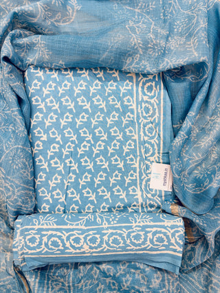 Sky blue Cotton Handblock Office Wear Suit fabric with Kota Doria Dupatta