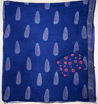 Blue Ajrakh Hand block kota doria suit set for office wear (with extra lining included)