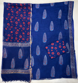 Blue Ajrakh Hand block kota doria suit set for office wear (with extra lining included)