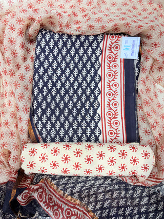 Black color Handblock Office Wear Suit fabric with Kota doria Dupatta