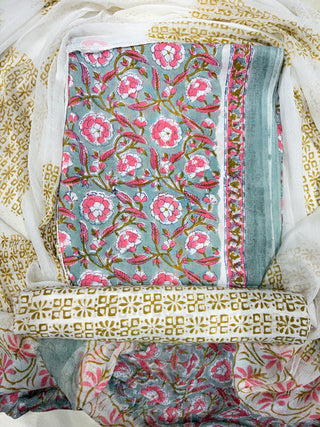 Premium Cotton Handblock Suit fabric with Chiffon Dupatta