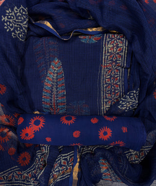 Blue Ajrakh Hand block kota doria suit set for office wear (with extra lining included)