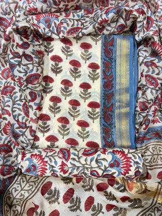 Handblock Maheshwari Suit Material with Maheshwari Dupatta(Lining Included)