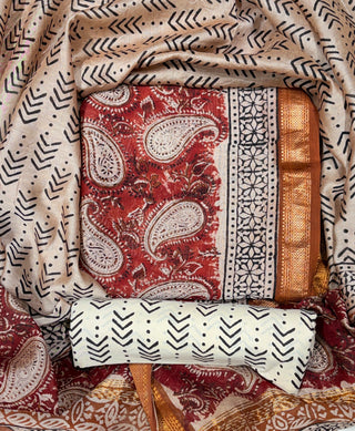 Handblock Maheshwari Suit Material with Maheshwari Dupatta(Lining Included)