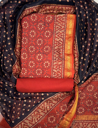 Red Ajrakh Handblock Maheshwari Suit Material with Maheshwari Dupatta(Lining Included)