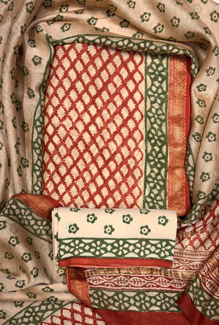 Handblock Maheshwari Suit Material with Maheshwari Dupatta(Lining Included)
