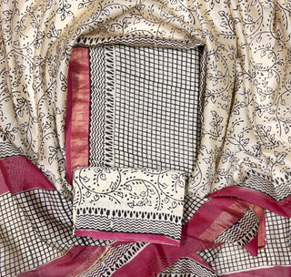 Handblock Maheshwari Suit Material with Maheshwari Dupatta(Lining Included)