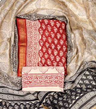 Handblock Maheshwari Suit Material with Maheshwari Dupatta(Lining Included)