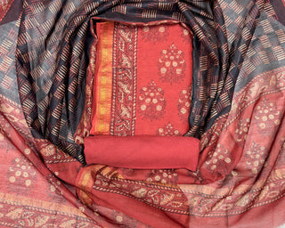 Red Ajrakh Handblock Maheshwari Suit Material with Maheshwari Dupatta(Lining Included)