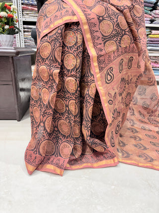 Vanaspati Ajrakh Print Chanderi Silk Saree with Zari Border and Unstitched Blouse Piece (Lining Included)