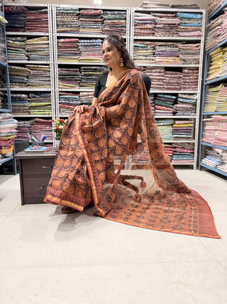 Vanaspati Ajrakh Print Chanderi Silk Saree with Zari Border and Unstitched Blouse Piece (Lining Included)